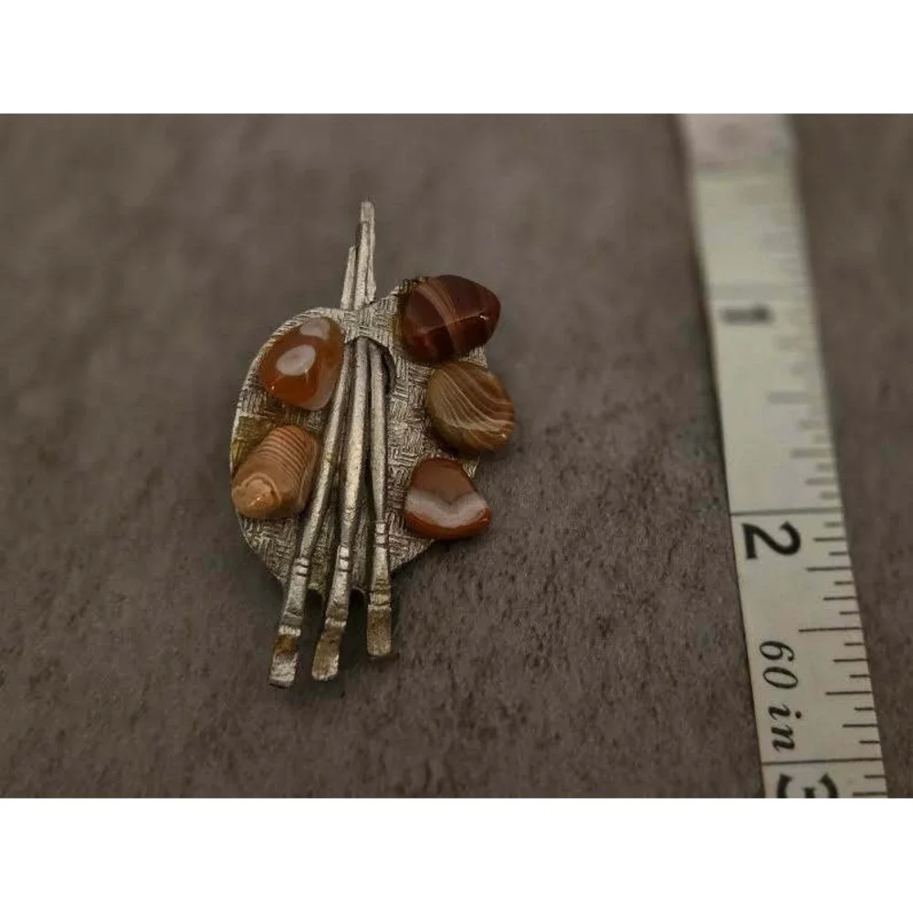 Vintage Artist Palette Brooch Banded Agate Paint Brushes Silver Tone Pin Art